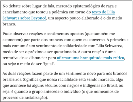 Trecho do texto de Schucman na Folha de S. Paulo.