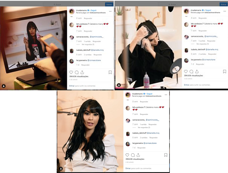 Sequência de colagens de vídeo publicado no Instagram de campanha publicitária de tintura de cabelo