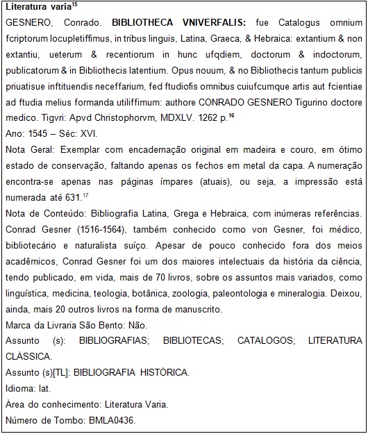 Figura 5: Cat�logo de livros antigos - Vers�o impressa Registro da obra tombada sob o n�mero BMLA0436.