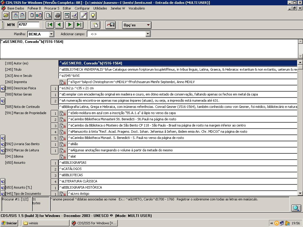 Figura 6: Cat�logo de livros  antigos. Vis�o  parcial da tela de edi��o de dados do registro (MFN) 4707.