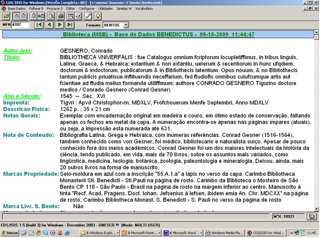 Figura 7: Cat�logo de livros  antigos. Vis�o  parcial da tela de visualiza��o do registro (MFN) 4707.