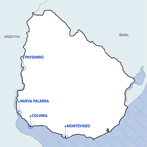 Ubicaci�n de las bibliotecas populares de Montevideo (1873), Nueva Palmira (1873), Colonia (1874) y Paysand� (1874).