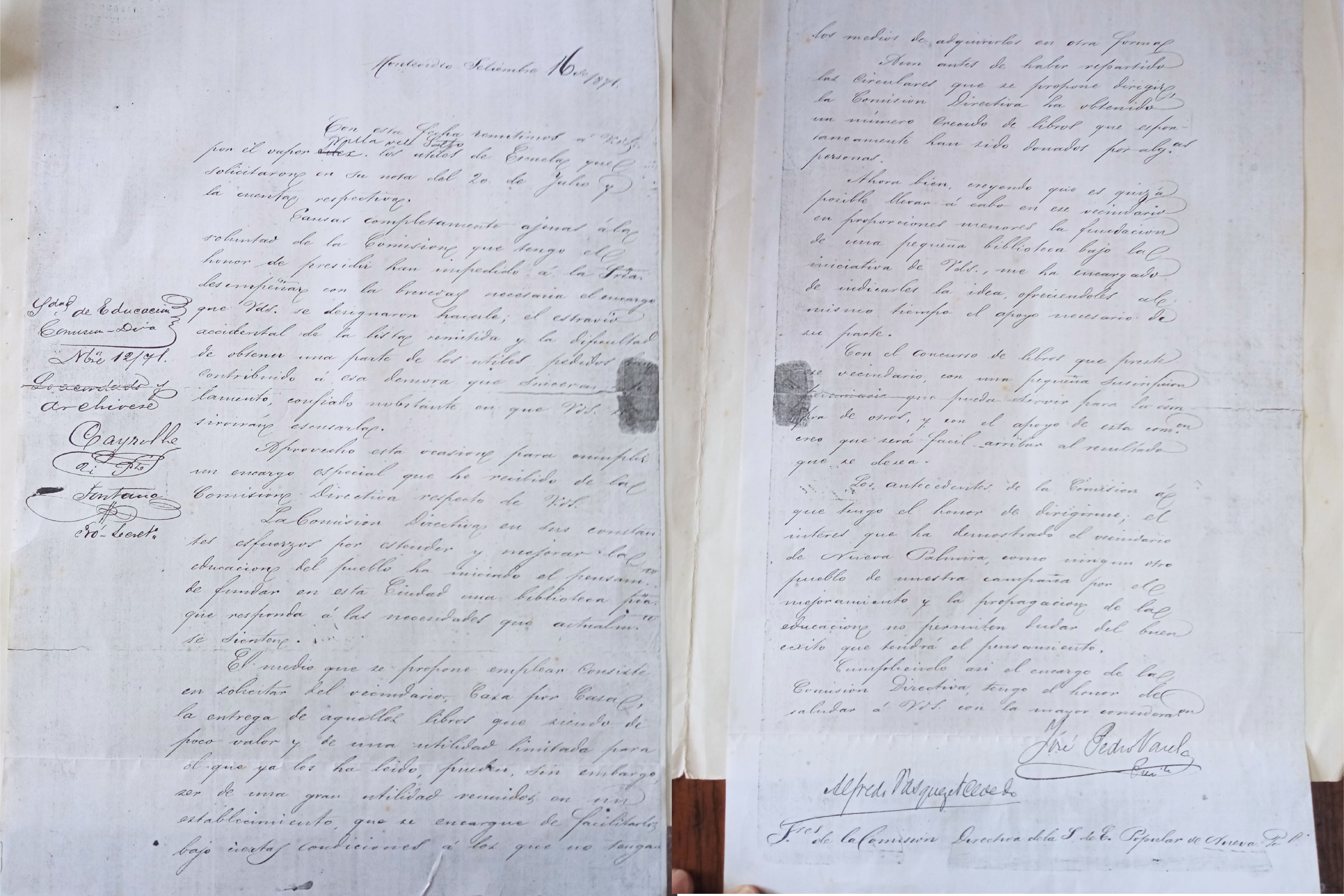 Reproducci�n de la carta enviada por la SAEP de Montevideo al vecindario de Nueva Palmira, en la que apoya la creaci�n de la biblioteca popular. Lleva las firmas de Varela Berro y Acevedo, presidente y secretario, respectivamente, de la referida instituci�n.