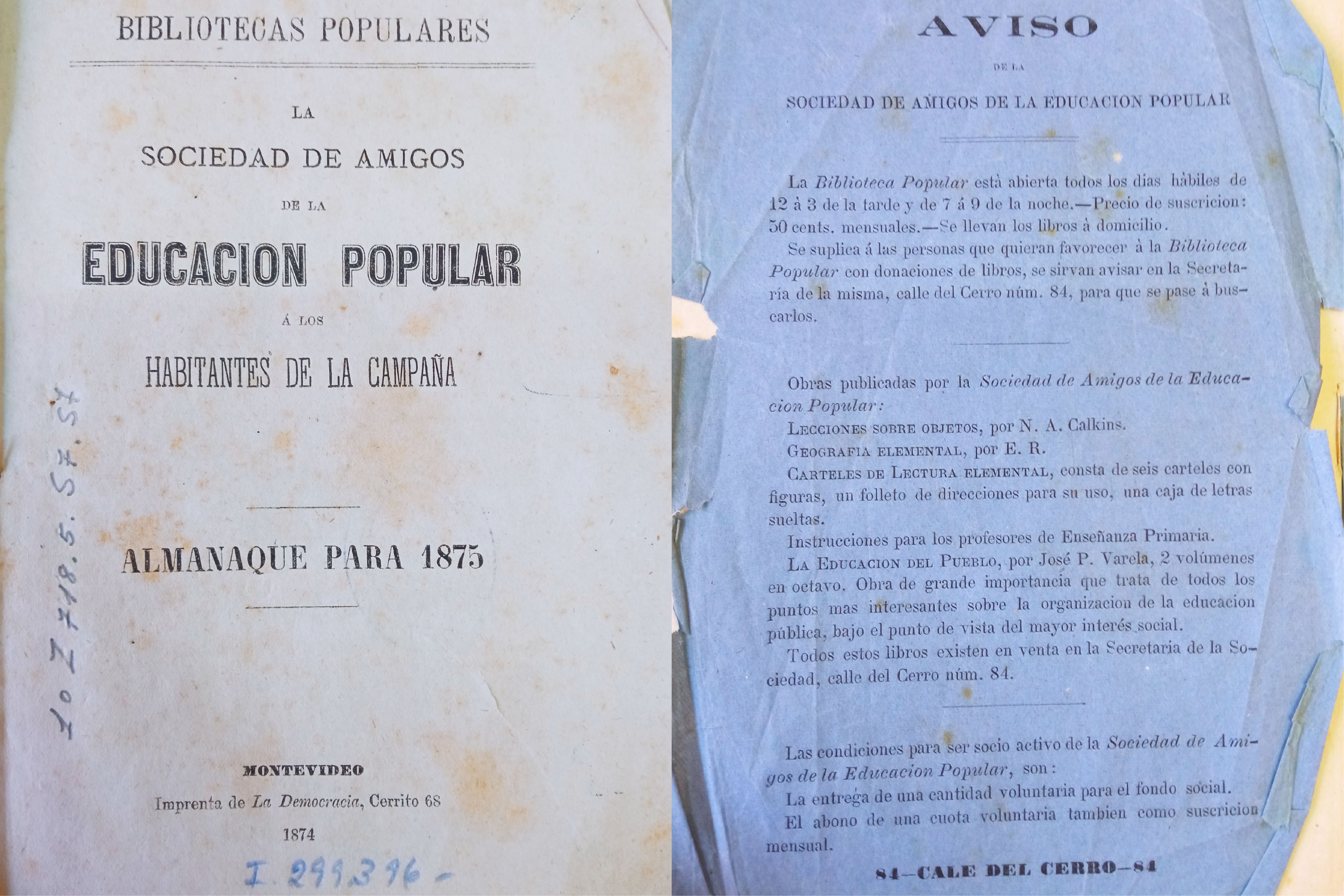 Portada y contratapa del bolet�n &ldquo;La Sociedad de Amigos de la Educaci�n Popular a los habitantes de la campa�a. Almanaque para 1875&rdquo;, publicado en 1874.