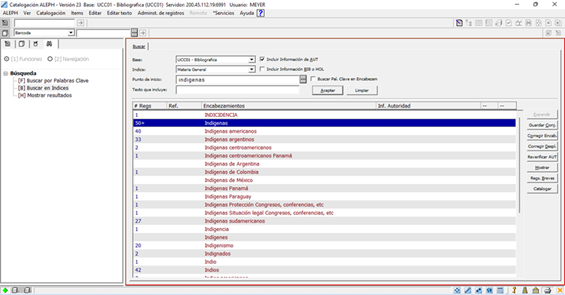 Encabezamiento de materia “Pueblos Indgenas” en software Aleph, identificado como trmino a evitar
