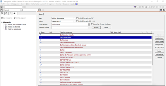 Encabezamiento de materia “Deficiente fsico” y “Deficientes” en software Aleph, identificados como trminos que evitar
