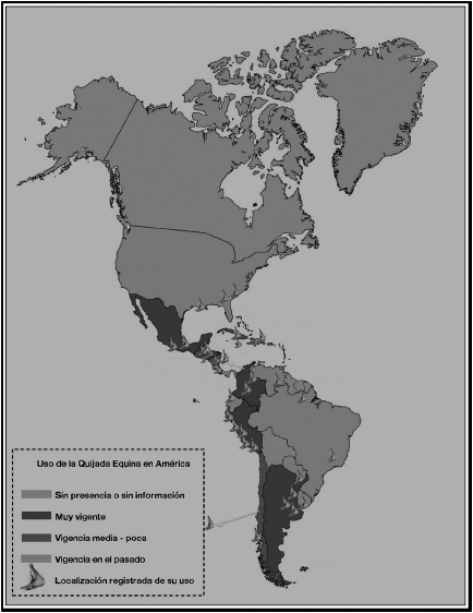 Mapa
del uso de la quijada equina en América