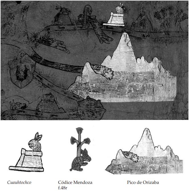 Consideramos
que el Pico de Orizaba funge como un referente geogr&aacute;fico que gu&iacute;a la
orientaci&oacute;n del mc2. Arriba se aprecia el glifo topon&iacute;mico de Cuauhtochco,
nuestro punto de partida del recorrido.