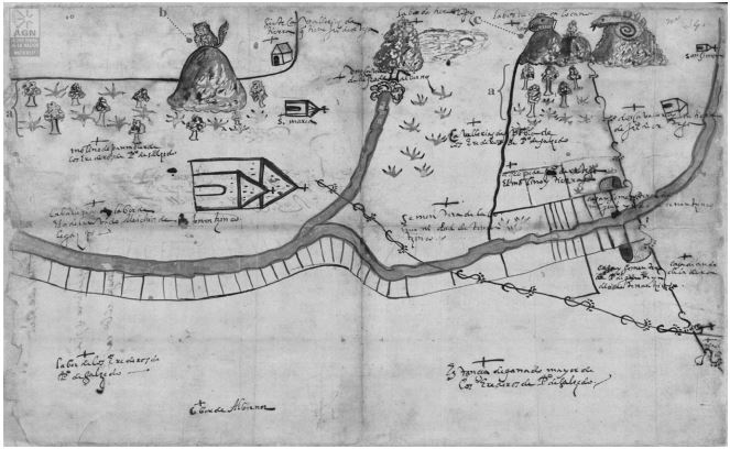 Mapa
pictogr&aacute;fico de Villa Guerrero y Santa Ana, Malinalco. En &eacute;ste se observan
&aacute;rboles frutales intercalados con magueyes (a) en las comunidades de Tecualoya
(b) y San Martin Coapaxtongo (c) pertenecientes a Tenancingo [AGN, Tierras,
1591, vol. 2719, exp. 35, ff. 10].