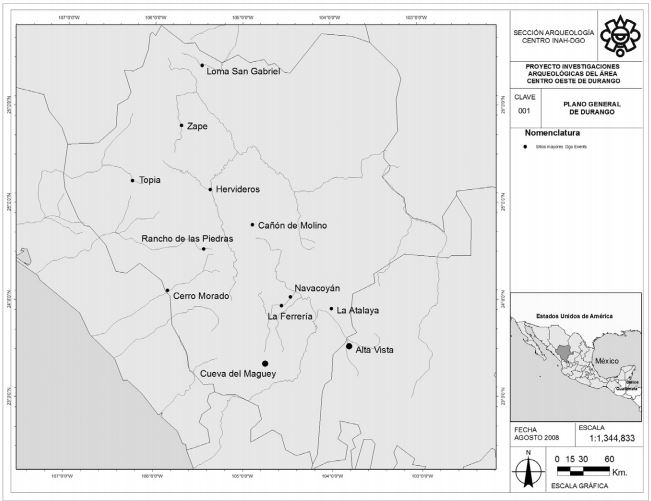 Mapa
de Durango con principales sitios arqueológicos. Elaboración propia.