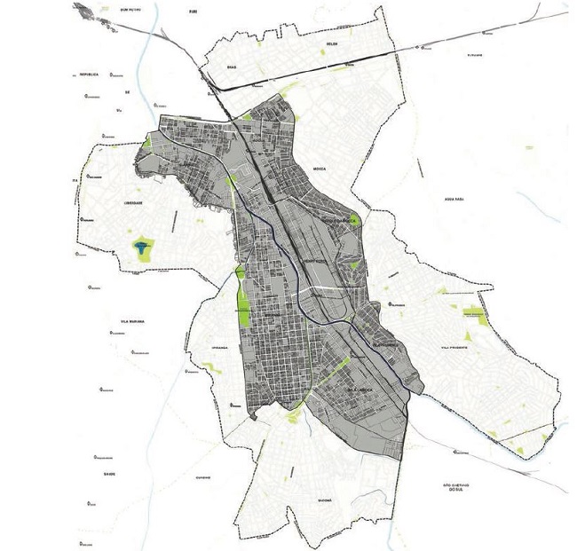 Per&iacute;metro da opera&ccedil;&atilde;o urbana consorciada bairros do Tamanduate&iacute;: per&iacute;metro de ades&atilde;o (interno) e per&iacute;metro expandido (externo). 