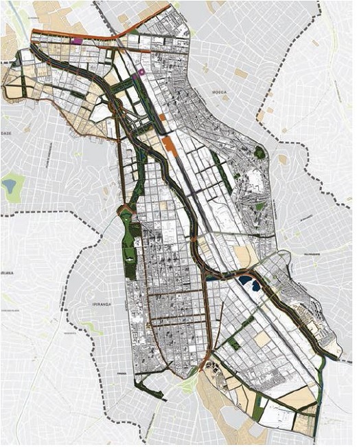 Plano urban&iacute;stico espec&iacute;fico que acompanha o projeto de lei para implanta&ccedil;&atilde;o da opera&ccedil;&atilde;o urbana. Em magenta, est&atilde;o indicados os edif&iacute;cios de interesse hist&oacute;rico. 