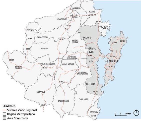 Mapa da regi&atilde;o metropolitana de Florian&oacute;polis, que destaca a &Aacute;rea Conurbada de Florian&oacute;polis. 