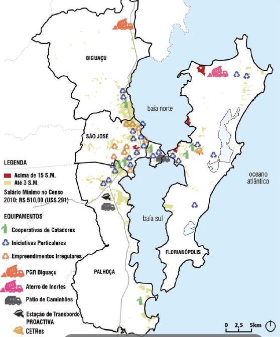 Mapa de locais de manejo de Res&iacute;duos s&oacute;lidos urbanos na &Aacute;rea Conurbada de Florian&oacute;polis, sobrepostos &agrave; concentra&ccedil;&atilde;o populacional por extremos de renda.