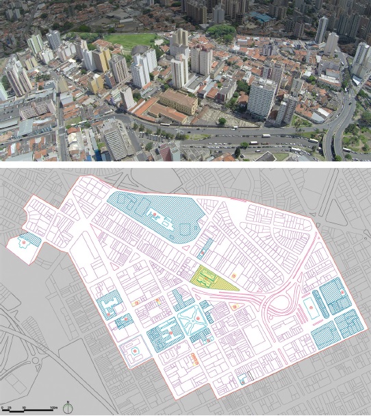Bairro do Botafogo, Campinas, e área de estudo do entorno urbano imediato ao COTUCA com demarcação dos bens tombados. 