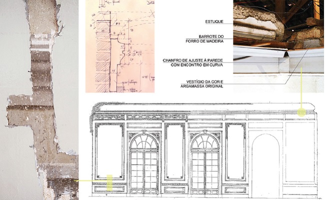 Estuques e pinturas do Salão Nobre do Edifício Escola. Abaixo, desenho de projeto de Ramos de Azevedo com determinação de áreas a decorar com elementos artísticos. Sondagens de superfícies e inspeções no entre vão dos forros confirma execução de estuques e pinturas murais. 