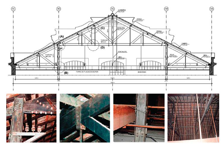 Levantamento métrico da estrutura de madeira e pilares de ferro do Edifício das Oficinas, originalmente exposta. Observar na linha de base os forros atuais pendurados na estrutura que ocultam particularidades do sistema construtivo. 