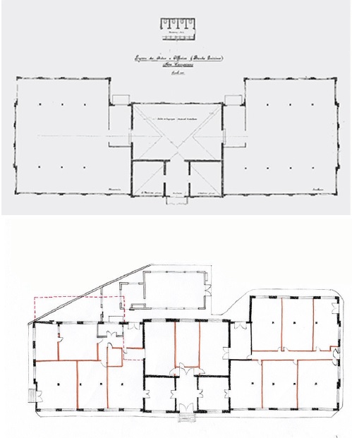 Planta original de 1916. Croqui de levantamento da situação atual do Prédio Oficinas realizado na disciplina AU253/AQ106; Desenho: Giulia Vercelli. 