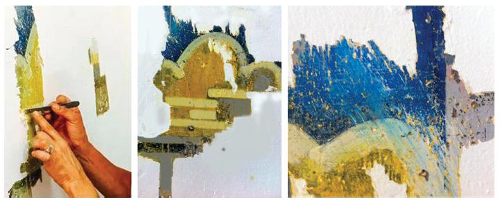 Sondagem estratigráfica vertical. Pintura mural artística identificada sob 5 camadas de tintas em antiga parede que não consta no projeto original de Ramos de Azevedo. 