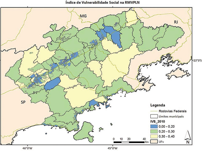 Mapa da vulnerabilidade social na RM do Vale do Paraíba e Litoral Norte - IVS/IPEA.