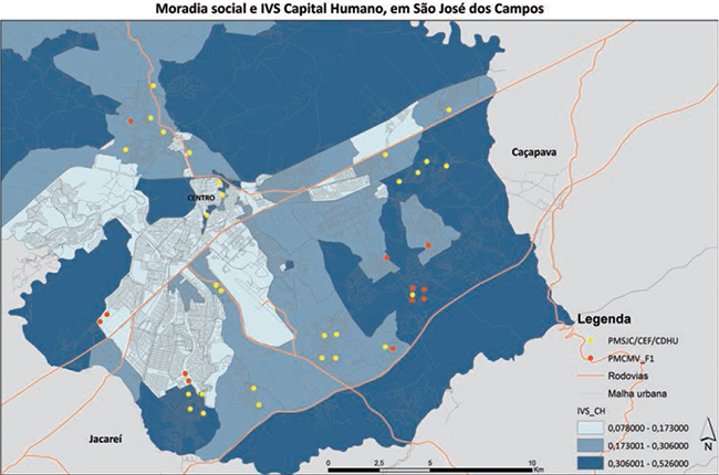 Local da moradia social e capital humano em São José dos Campos, 2016.