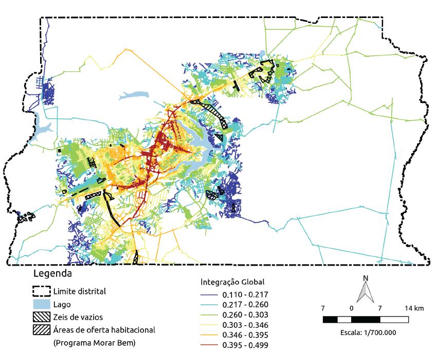 Mapa axial de integração global de Brasília.