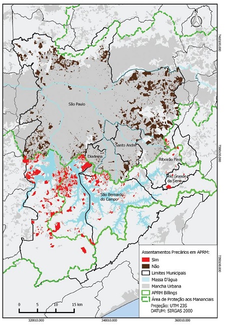 Assentamentos precários na área de Proteção e Recuperação de Mananciais da Bacia da Billings (dados da cidade de São Paulo em 2010 e Região do Grande ABC em 2016)
