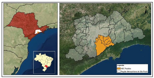Localiza&ccedil;&atilde;o da Regi&atilde;o do Grande ABC com refer&ecirc;ncia ao Brasil, ao Estado de S&atilde;o Paulo e &agrave; Regi&atilde;o Metropolitana de S&atilde;o Paulo.