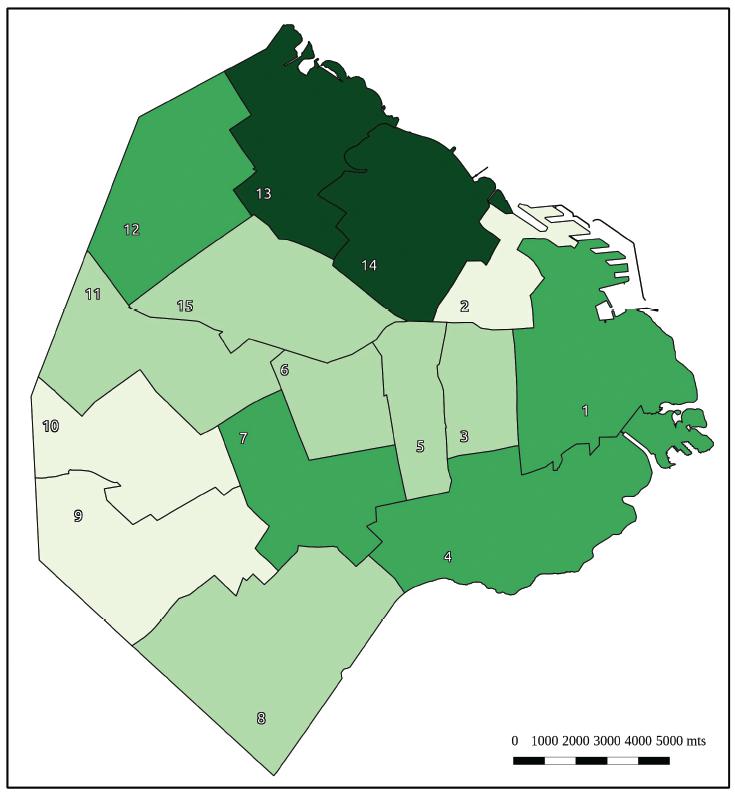 Mapa de comunas por densidad de población, Ciudad de Buenos Aires. 