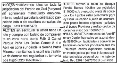 Avisos de compraventa de cesiones y terrenos. 
