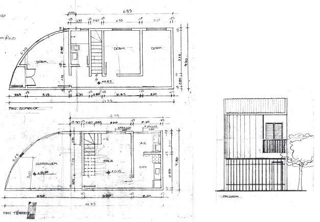 Planta t&eacute;rrea, superior e fachada de casa de moradora da Tamarutaca, desenvolvido em assessoria t&eacute;cnica pela Peabiru TCA.