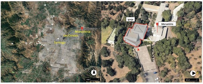 Localiza&ccedil;&atilde;o e implanta&ccedil;&atilde;o do Monast&eacute;rio Beneditino da Sant&iacute;ssima Trindade na regi&atilde;o de Las Condes, arredores da cidade de Santiago do Chile.