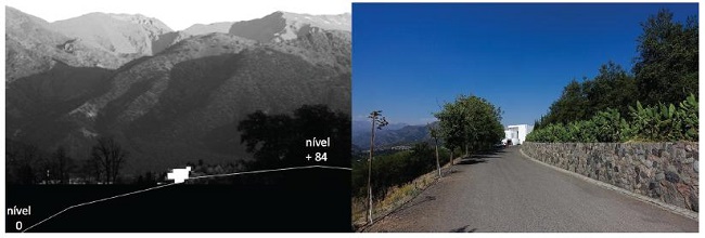 Corte esquem&aacute;tico do perfil do Cerro Los Piques e da implanta&ccedil;&atilde;o do monast&eacute;rio/acesso &agrave; igreja.