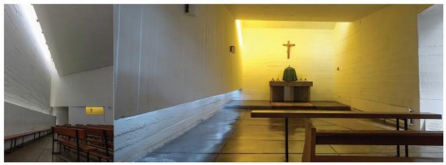 Janela da capela a partir da nave e interior da capela.