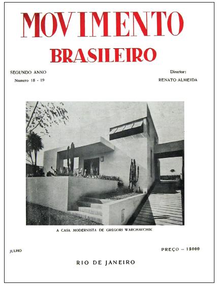 Capa de Movimento Brasileiro ilustradas com obras de Warchavchik e Le Corbusier (1930).