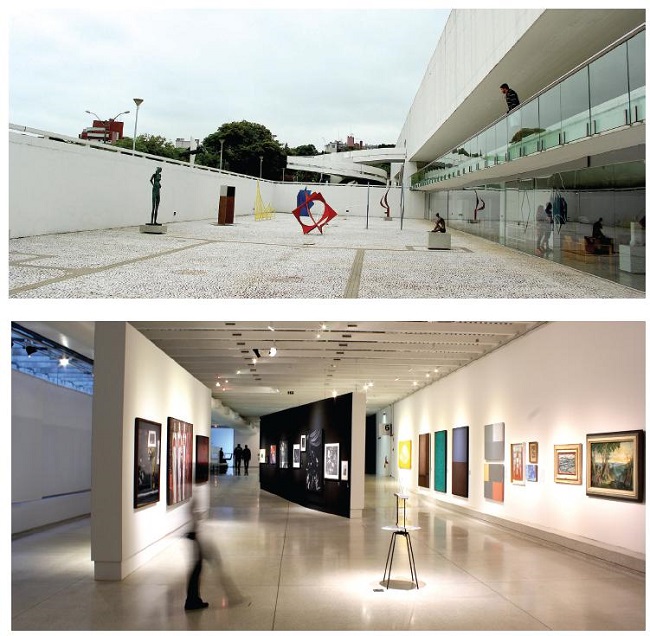 Um dos espaços expositivos longitudinais do bloco suspenso e o pátio de esculturas. 