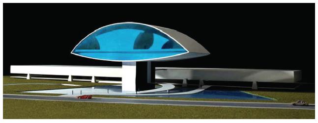 Maquete da primeira versão do projeto (com paredes escultóricas internas), na qual se nota a linha horizontal do pavimento intermediário. 