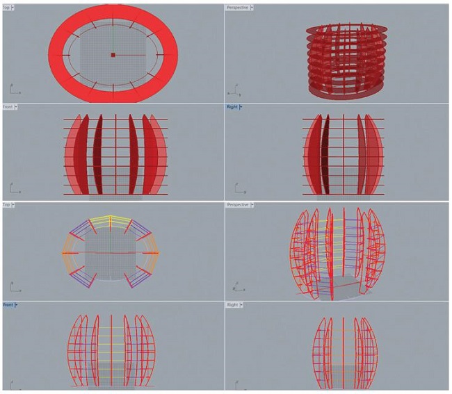 Sequ&ecirc;ncia de imagens ilustrando os elementos utilizados no processo de modelagem do minipavilh&atilde;o/expositor proposto.