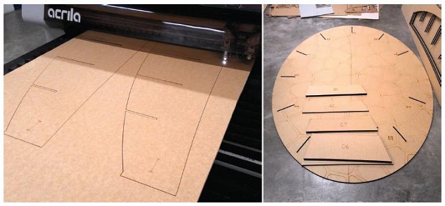 Etapas de fabrica&ccedil;&atilde;o (corte) e prepara&ccedil;&atilde;o para montagem dos componentes do expositor. A forma desenvolvida resultou na obten&ccedil;&atilde;o de componentes com dimens&otilde;es e formatos variados, o demandou diversos conhecimentos de Geometria para suas respectivas defini&ccedil;&otilde;es algor&iacute;tmicas.