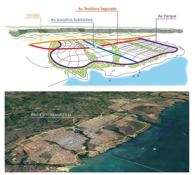 Acima, croqui com demarca&ccedil;&atilde;o das avenidas estruturantes do projeto de Palmas; abaixo, imagem da ocupa&ccedil;&atilde;o. 