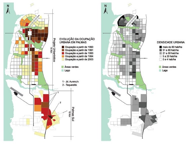 &Agrave; esquerda, mapa de evolu&ccedil;&atilde;o da ocupa&ccedil;&atilde;o urbana nos primeiros anos da implanta&ccedil;&atilde;o de Palmas; &agrave; direita, mapa de densidade urbana. 