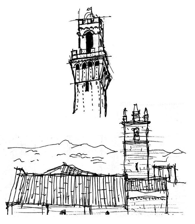 Above: Torre Del Mangia. Piazza Del Campo, Siena, Italy. Constr. Agostino di Giovanni. XIVth Century; Below: Tower in Monteriggioni. Italy. XVth Century (?).