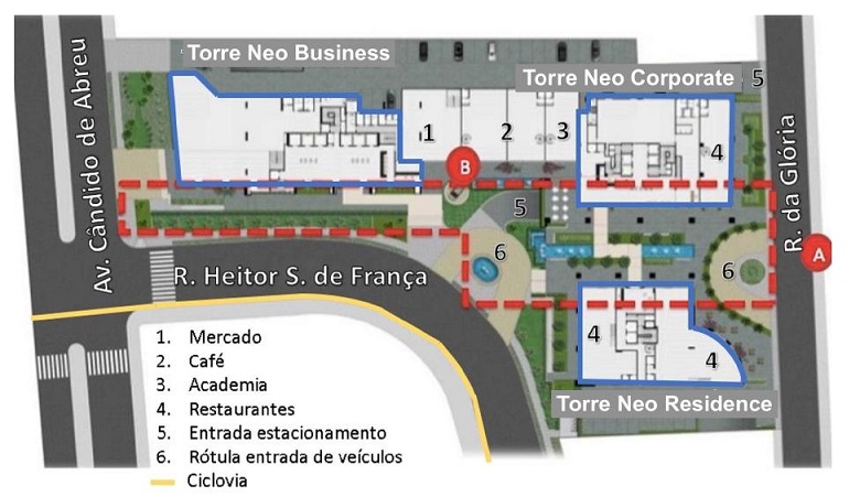 Planta Baixa do Empreendimento Neo Superquadra, com o destaque do boulevard e Pontos (A) e (B) de Observação da Pesquisa, 2017.