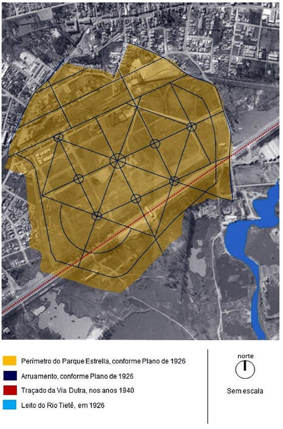Sobreposi&ccedil;&atilde;o da estrutura do Parque Estrella, como prevista no Plano de 1926, sobre Aerofotogrametria de 1958.