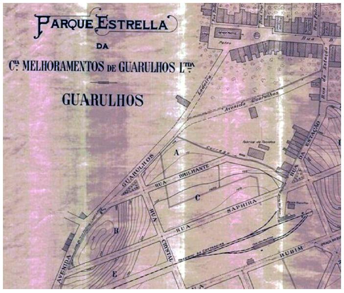 Pormenor do Plano do Parque Estrella, em Guarulhos, mostrando a &aacute;rea da Esta&ccedil;&atilde;o Guarulhos do Tramway da Cantareira.