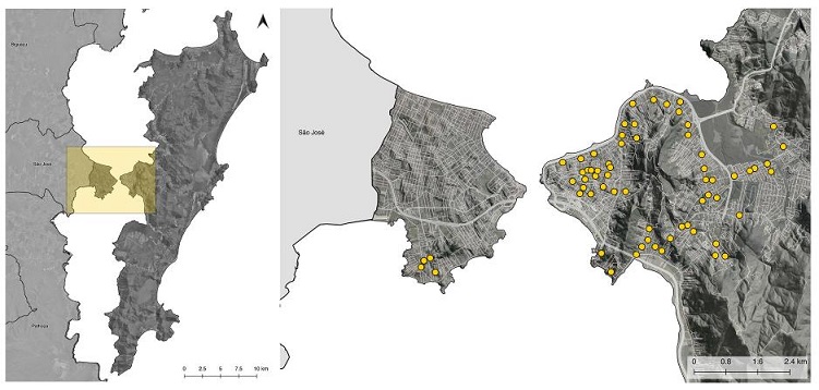 À esquerda, localização da área de estudo. À direita, posição dos 65 trechos de vias selecionados aleatoriamente e incluídos no levantamento de campo.