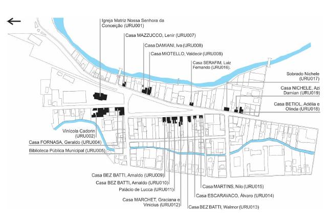 Localização das edificações tombadas no entorno da Praça Anita Garibaldi.