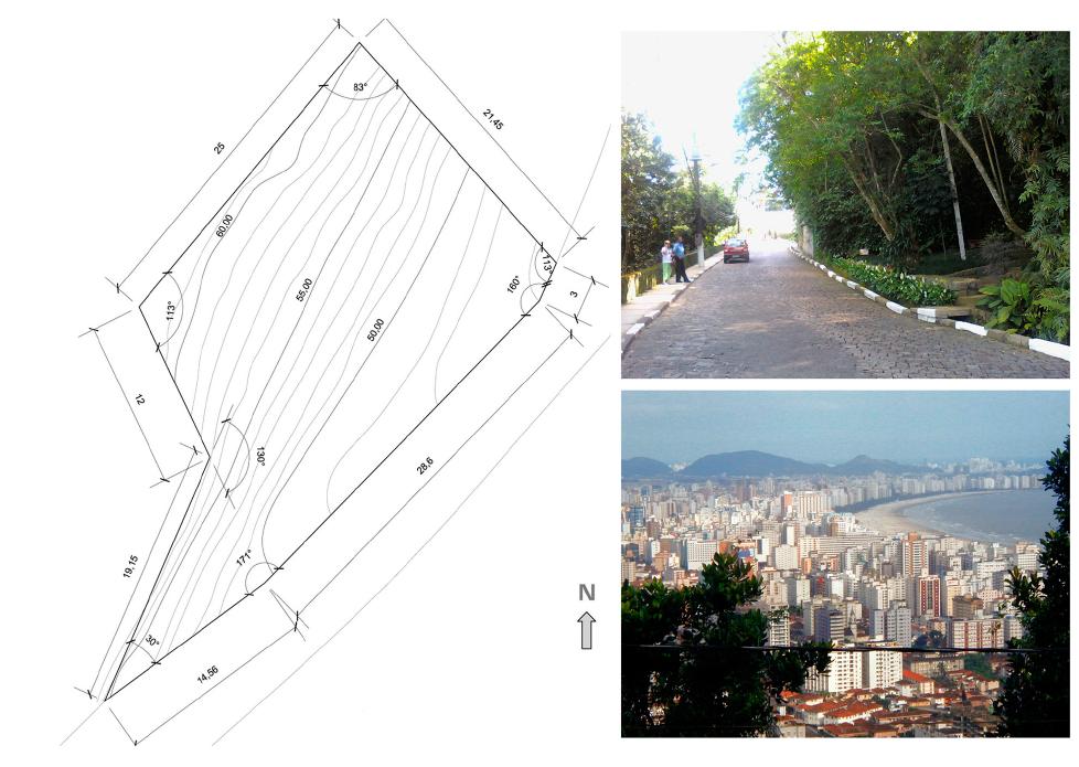 Topographical site plan, picture from access to the site and visual perspective.