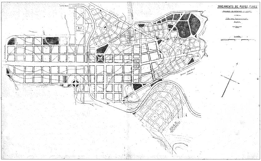 Recorte da planta da cidade de Passo Fundo (RS) elaborada por Saturnino de Brito em 1919.