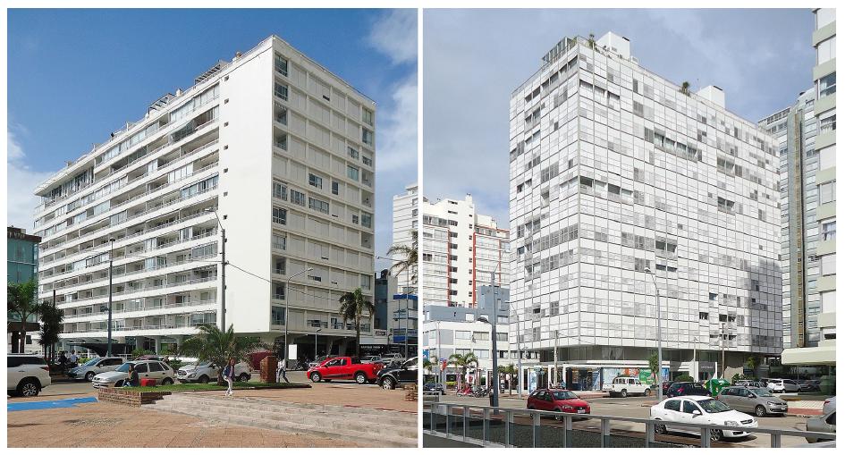 O Edif&iacute;cio Pen&iacute;nsula (&agrave; esquerda), adotando um bloco laminar articulado na esquina; e o Edif&iacute;cio Bahia Palace, configura&ccedil;&atilde;o h&iacute;brida entre bloco laminar e torre. 